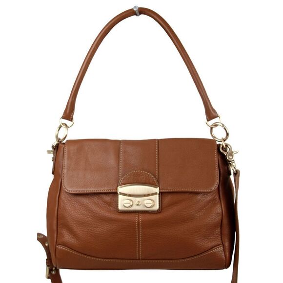 Nine West BROWN GENUINE LEATHER FLAP LOGO SHOULDER BAG HANDBAG HOBO PURSE - Picture 2 of 16